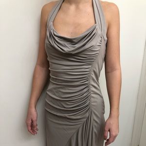 Halter, ruched, cowl, asymmetric fitted dress